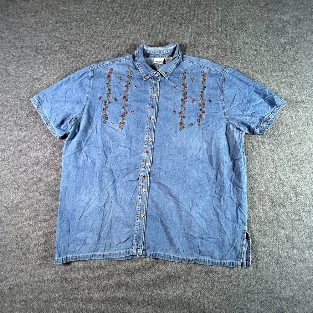 Bobbie Brooks Shirt Womens 22W 24W Blue Denim Embroidered Floral Button Front